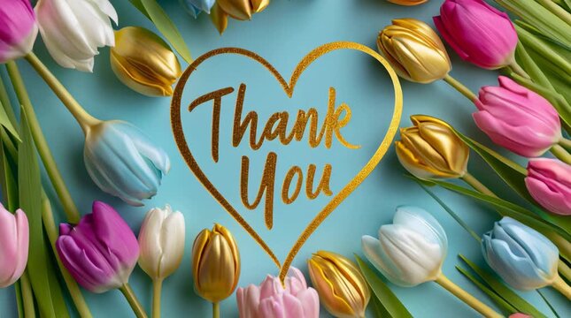 golden thank you message in a heart surounded by colorful tulips animation
