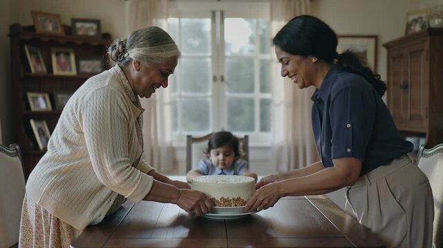 Noticing toddler's gaze, grandmas lowering frosted cake onto plate at dining table, in cardigan