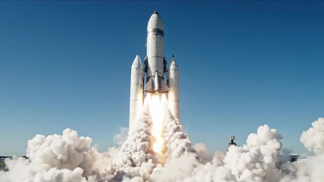 Powerful space rocket launching into a clear blue sky with fiery exhaust.