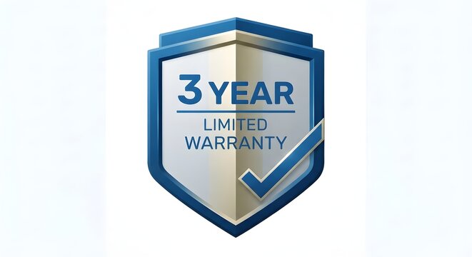 3 Year Limited Warranty Shield Badge with Blue and Gray Layered Emblem, Checkmark Accent, Product Guarantee Sticker, Modern Certification Label, Customer Protection Mark, Quality Assurance Symbol, and