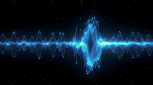 Blue Audio Waveform Pulses Across Black Void with Radiant Energy Streaks Cinematic Tech Concept