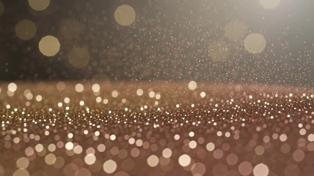 Shimmering gold glitter plane reacting to top-right flare in studio macro close-up, revealing motes