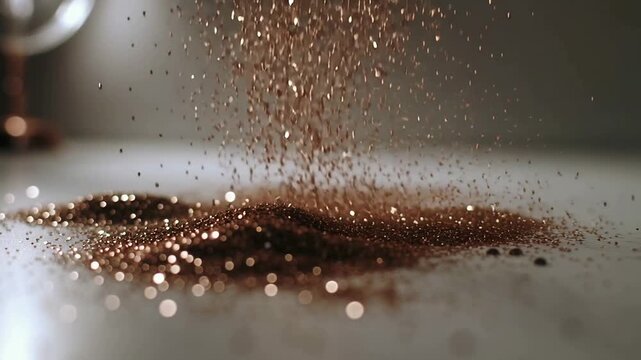 Pouring top-left source sending copper glitter onto pale table, building sparkling mound with bokeh