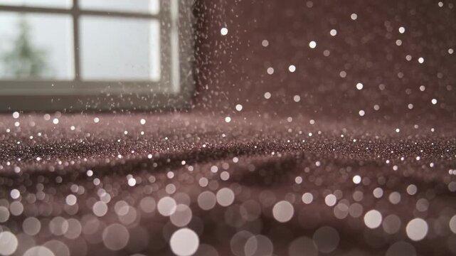 Revealing textured glitter surface, window backlight lighting falling particles and bokeh in room