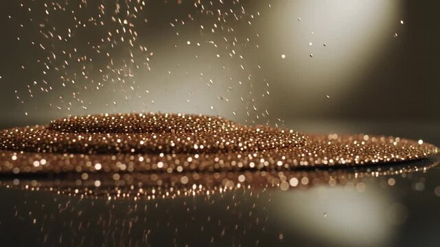 Cascading gold particles starting above, forming mound on mirror table as stream continues