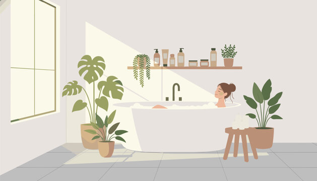 Relaxed woman enjoys a soothing bubble bath in a beautiful spa inspired bathroom filled with lush green plants and natural sunlight.