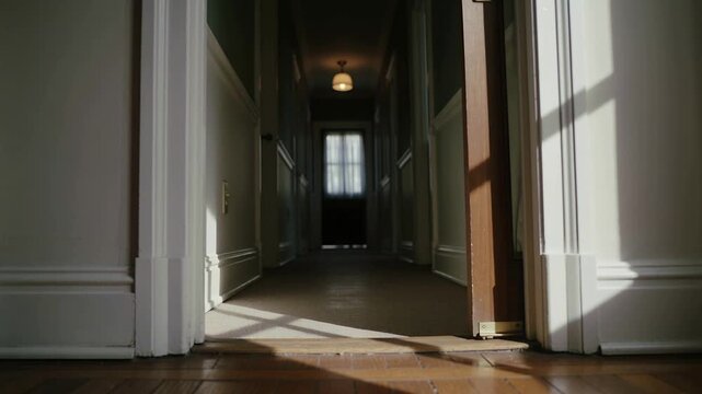 Starting closed, wooden door with sheer curtain opening inward at home, revealing sunlight on floor