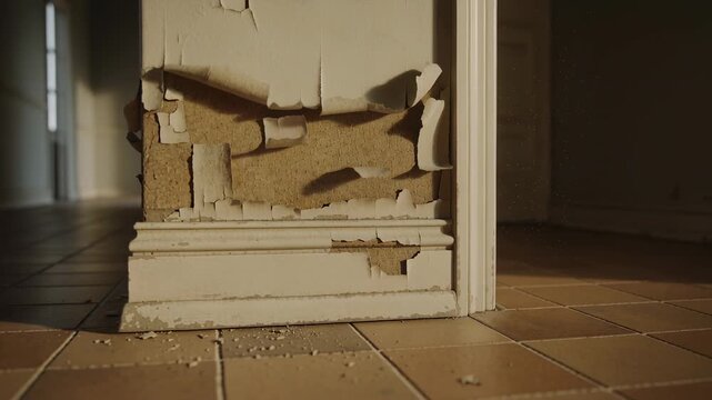 Camera moving, revealing damaged corner of wall and baseboard peeling, exposing substrate