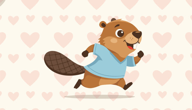 Adorable brown beaver wearing a light blue shirt runs joyfully across a cream background filled with soft pink heart shapes.