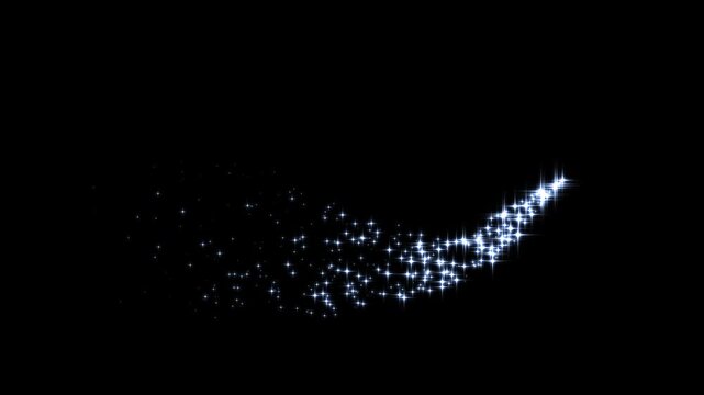Beautiful white starry particles animation elements, magical glowing light leak transition loop, glittering star dust trail sparkling particles,  sparkle transition effect on black background.4k video
