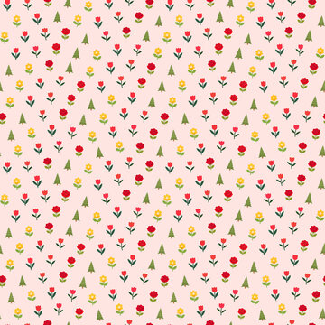 Pattern of red roses, yellow flowers, and trees