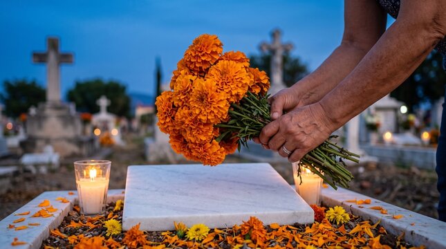 person placing orange marigold flowers on grave decorated with candles during dusk at cemetery
