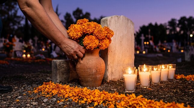hands placing marigold flowers in vase on grave decorated with candles at dusk for day of the dead remembrance
