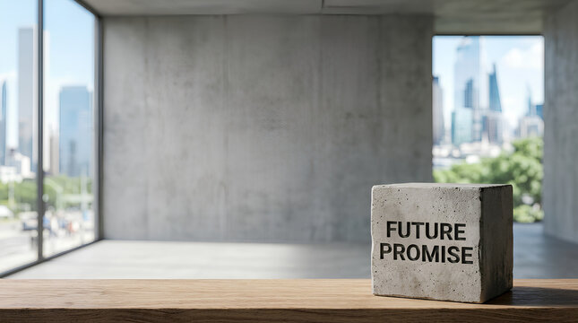 Concrete cube with FUTURE PROMISE text on a wooden ledge inside a minimalist concrete room featuring large glass windows overlooking a blurred urban city skyline view.