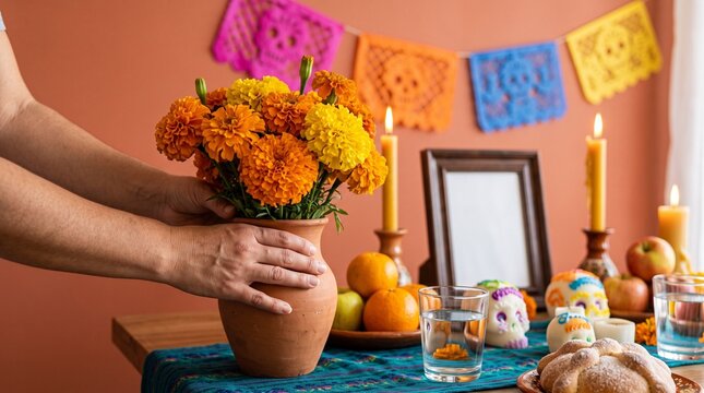 hands arranging marigold flowers in vase on ofrenda altar for day of the dead celebration with candles and decorated skulls