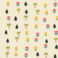 Fototapeta premium Stylized pattern of pine trees, palm trees, and flowers