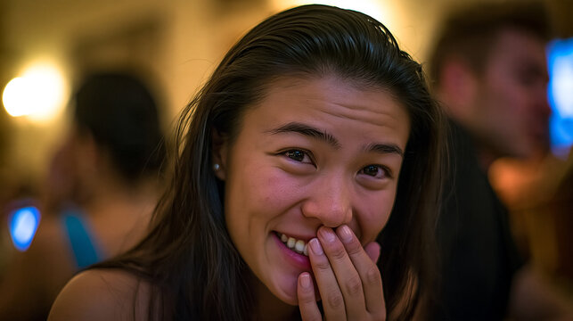 Happy young woman smiling and covering mouth with hand indoors laughing woman lifestyle