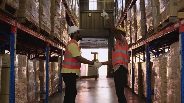Happy African American warehouse workers in orange vests and safety hard hats stand smiling talking and shaking hands after using forklift to move pallet cargo boxes in logistics distribution center. 