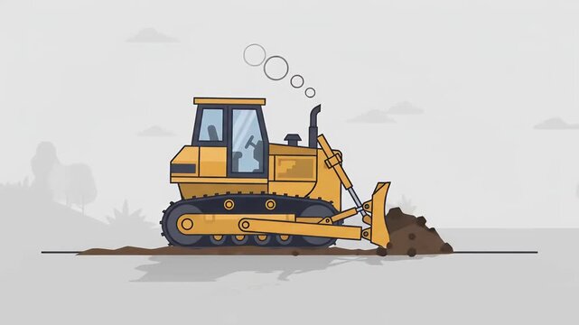 Yellow Bulldozer Illustration Pushing Soil on Construction Site, Flat Vector Design of Heavy Machinery Earthmoving Equipment for Industrial Projects