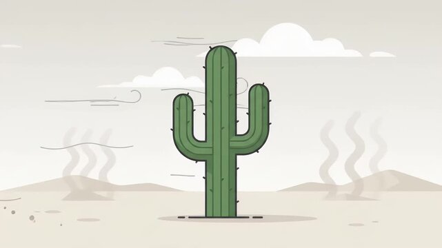 Minimalist Vector Illustration of a Saguaro Cactus in a Sandy Desert Landscape with Blowing Wind, Clouds, and Muted Earth Tones