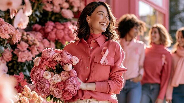 Smiling woman wearing pink ribbon holding flowers for breast cancer awareness