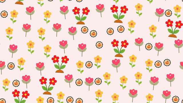 Seamless pattern of cartoon flowers and smiling faces