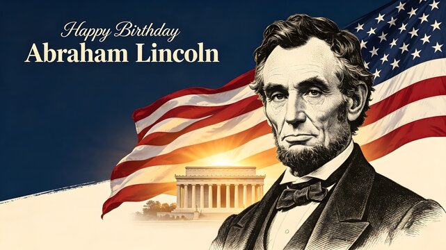 Happy Birthday Abraham Lincoln Patriotic Banner with Flag and Memorial