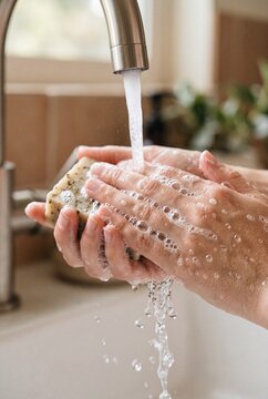 Vertical composition of hands washing with natural organic soap bar under running water in a bright sunlit home kitchen indoor environment