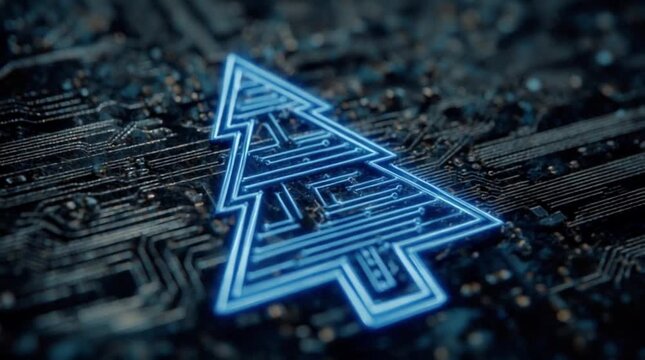 Glowing blue neon Christmas tree circuit symbol with geometric internal pathways on dark PCB motherboard background (AI Generated)