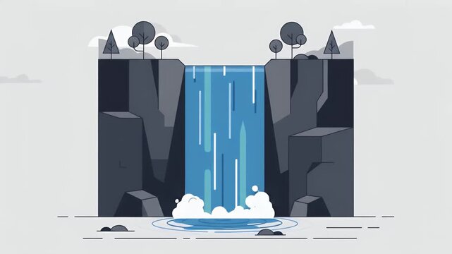 Minimalist flat design illustration of a majestic waterfall flowing between two rocky cliffs with trees and clouds