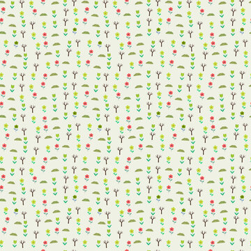 Stylized nature pattern with trees and flowers