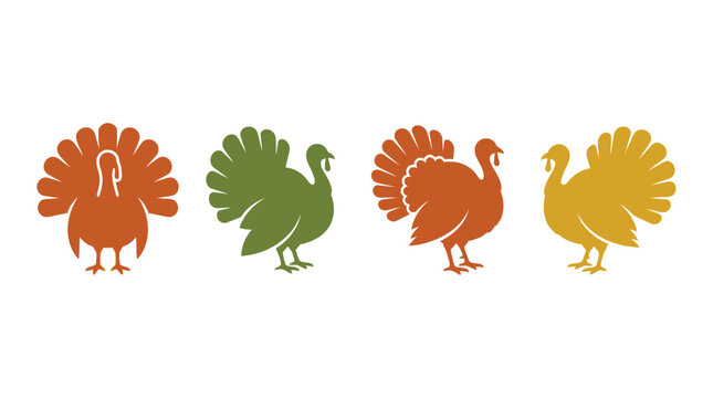 Four colorful vector turkey silhouettes, flat autumn seasonal poultry icons, modern thanksgiving bird illustrations in orange, green and gold tones for holiday design and decorative themes