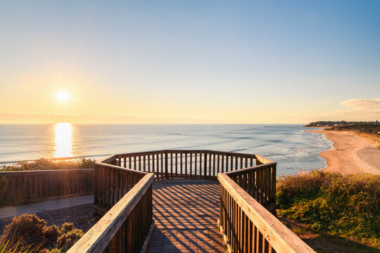 Onkaparinga River Mouth Viewpoint Overlooking Port Noarlunga Beach at Sunset, South Australia