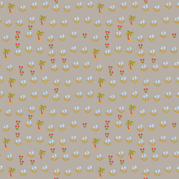 Stylized palm trees and flowers seamless pattern