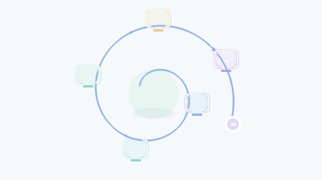 Animated spiral infographic loop featuring connected monitor icons moving smoothly in clean motion design video footage