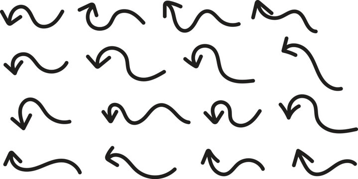Hand-drawn curved arrow collection, wavy directional arrows, doodle navigation symbols, sketch style pointer elements for infographic design and creative projects