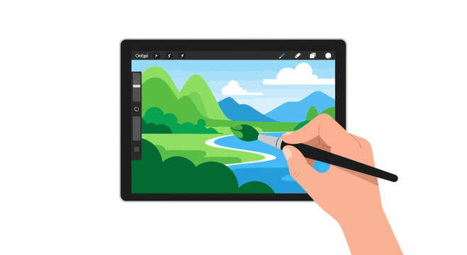 Artist hand drawing a flat landscape on a digital tablet with a stylus paintbrush. Creative digital illustration and graphic design concept isolated on white.