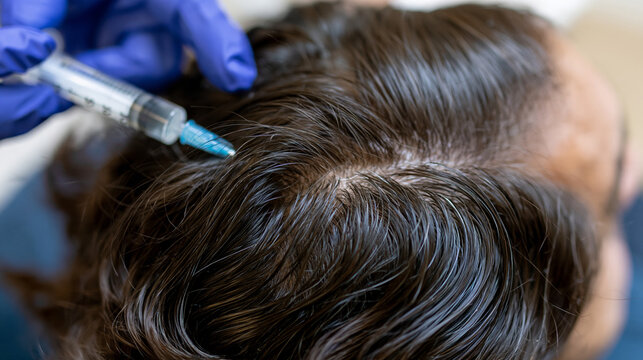 Dermatologist administering hair loss treatment injection into scalp with medical procedu