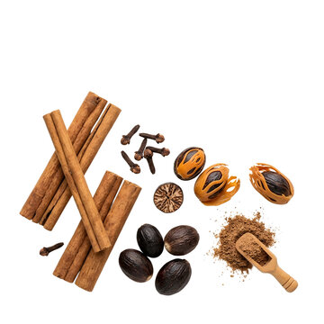 Baking spices like cinnamon and nutmeg on transparent background
