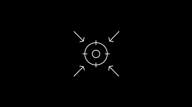 Minimalist white line art animation of a target circle with four inward arrows pointing to the center, ideal for focus, goal, and strategy video concepts.