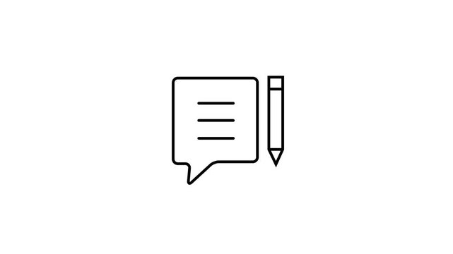 Clean black line art animation showing a speech bubble document with a pencil writing notes, suitable for feedback, blogging, and content creation videos.