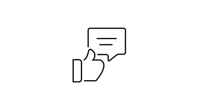 Animated line art icon showing a thumbs up gesture next to a chat speech bubble, representing positive customer review, feedback, and social media likes.