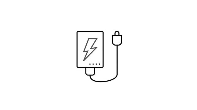Modern line art animation of a portable power bank with a connected charging cable and lightning symbol, perfect for battery and mobile technology videos.
