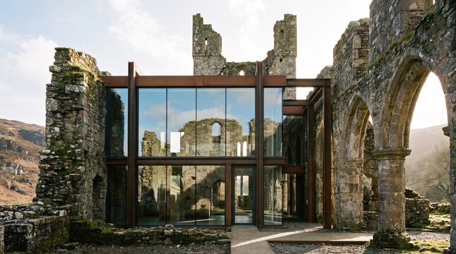 Modern glass architecture integrated into ancient stone castle ruins in a rural landscape.