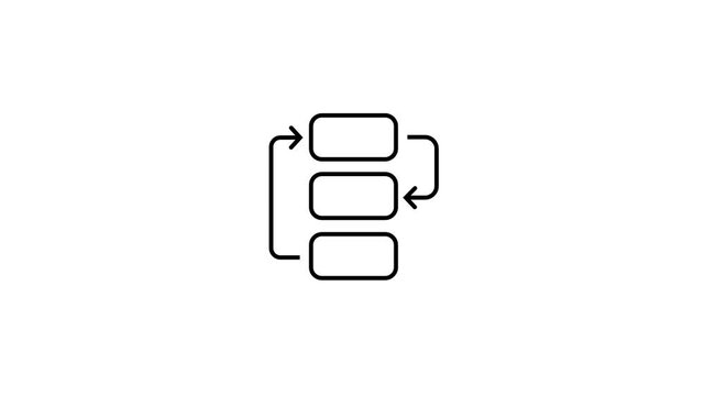Minimal line art animation of three stacked blocks with rotating arrows, representing a continuous process, work-flow loop, and system structure animation.