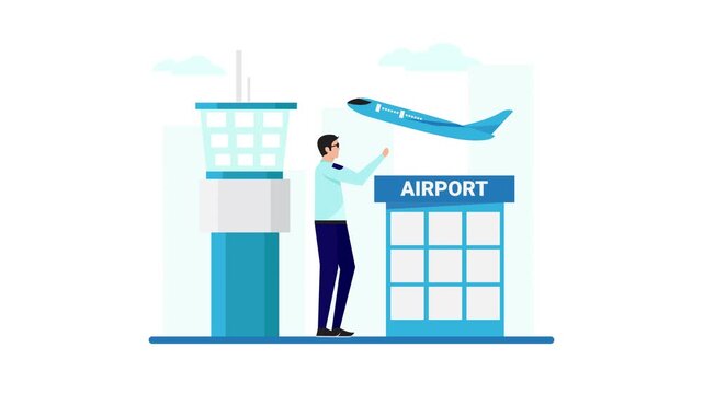 Professional Air Traffic Controller Monitoring Airplane Flight at Airport Terminal - Flat Vector Animation
