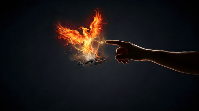 A hand reaching toward a glowing phoenix made of fire