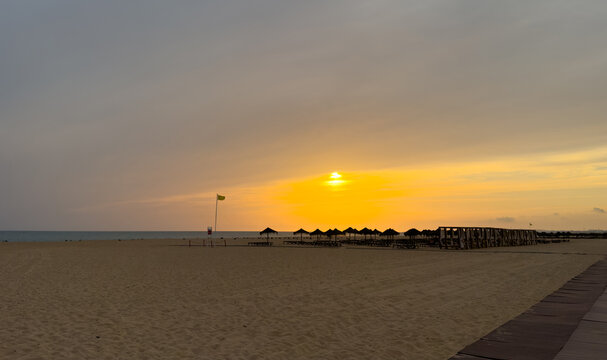 Landscape, sunset and birds with beach and ocean for environment, travel destination and tropical. Summer vacation, water and nature with sea horizon for mediterranean coastline, holiday and paradise