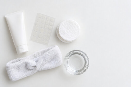 Acne care flat lay with pimple patches, cream tube, cotton pads and headband