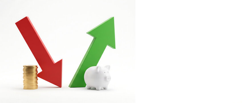 Cost Reduction And Profit Growth Concept With Red And Green Arrows And Piggy Bank. Concept of profit growth with white background.
